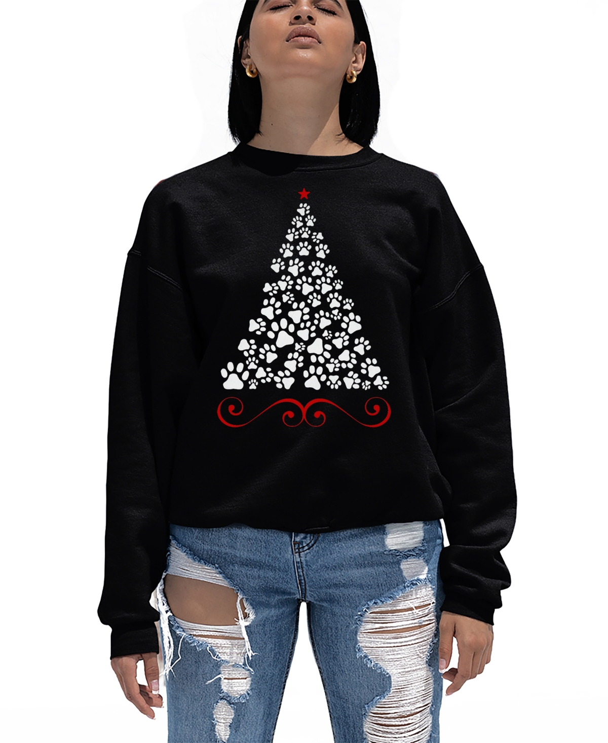 LA POP ART WOMEN'S PAW CHRISTMAS TREE ART CREWNECK SWEATSHIRT 