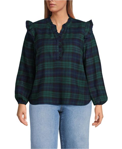 Женская блузка Lands' End Plus Size Ruffle Front Flannel Popover, цвет: Тёмно-зелёный клетчатый