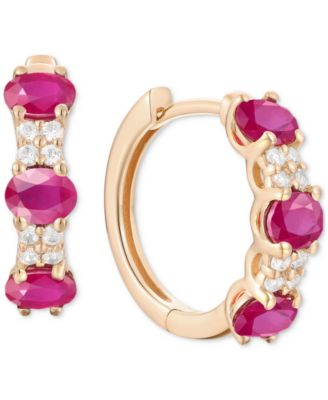 Ruby (1-1/3 ct. t.w.) & Diamond (1/6 ct. t.w.) Oval Small Hoop Earrings 14K Gold, 0.5" (Also available in Emerald & Sapphire)