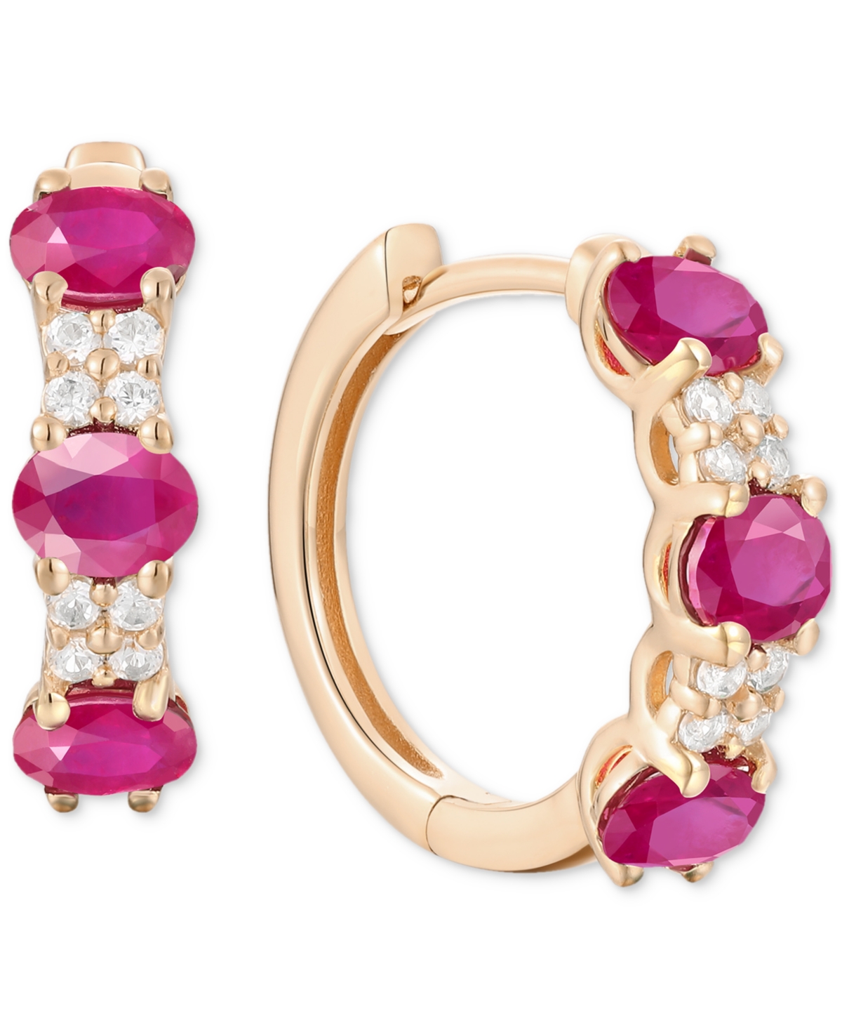 Ruby (1-1/3 ct. t.w.) & Diamond (1/6 ct. t.w.) Oval Small Hoop Earrings 14K Gold, (Also available in Emerald & Sapphire) - 14K Gold