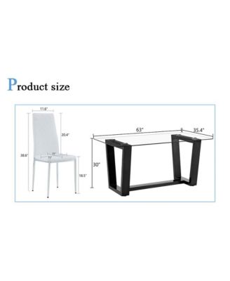 Table and chair set.A rectangular dining table features with tempered glass top and sleek black MDF stand.Paired with 4 PU chairs with checkered armless high back and electroplated metal legs.