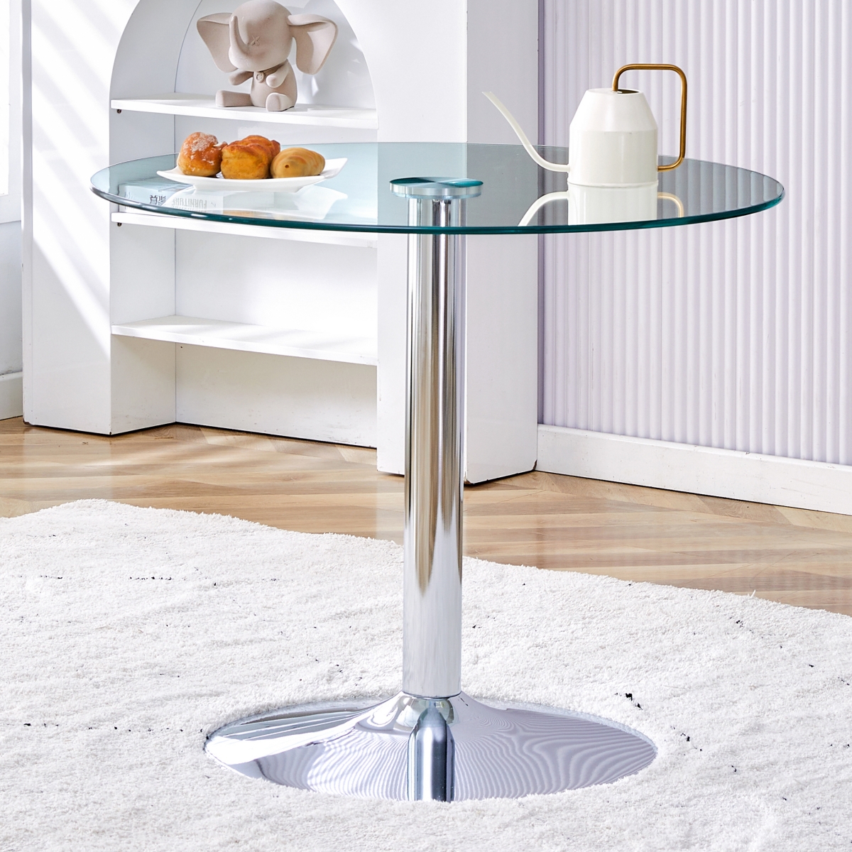 Streamdale Furniture A glass tabletop with a diameter of 35 inches and a modern minimalist circular dining table with electroplated silver metal legs