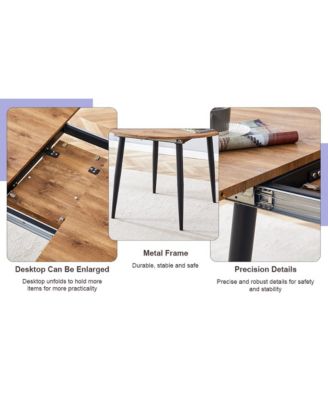 Table and chair set.Modern Extendable Wood MDF Dining Table.The table has a telescopic design, suitable for gatherings of different size.Paired with 6 chairs with PU cushions and black metal legs.