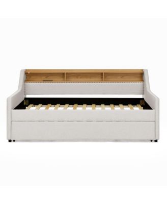 Twin Size Upholstery Sofa Bed with Three LED lights, with Storage Adjustable Headboard, with Foldable Leg Pull up Trundle Bed and Wireless Charging, Linen Padded Sofa Bed frame, Beige