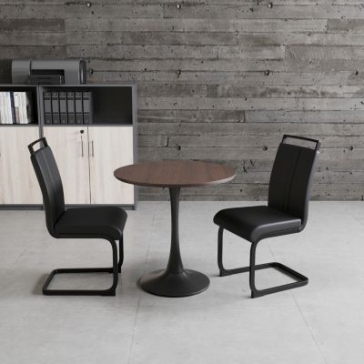 Walnut Circular Table w/ 2 Metal Leg PU Dining Chairs