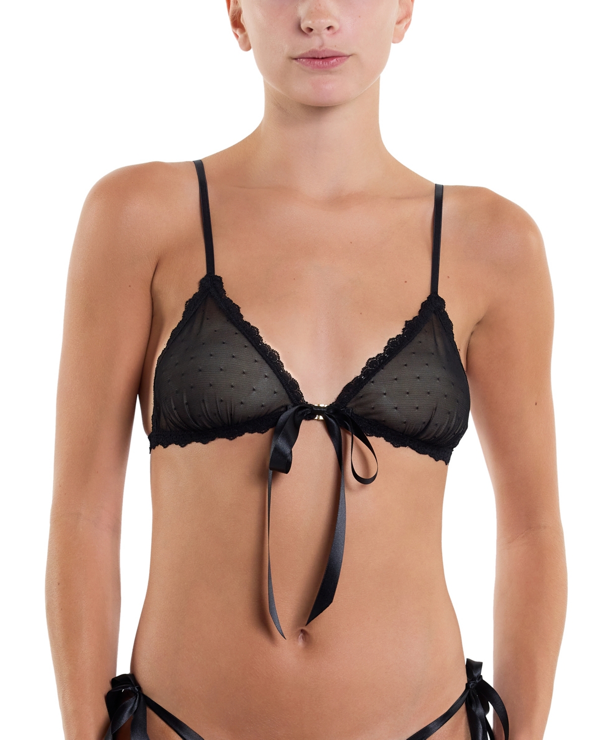 Women's oh Dotted Tulle Front Tie Bralette Bra - Black