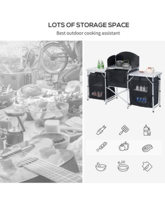 Aluminum Portable Camping Kitchen Fold-Up Cooking Table With Windscreen and 3 Enclosed Cupboards for BBQ, Party, Picnics, Backyards