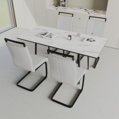 An expandable dining table set for 2-6 people, equipped with a C-shaped tubular cushioned armless dining chair and an elegant and spacious dining table kitchen table and chair set, with metal legs