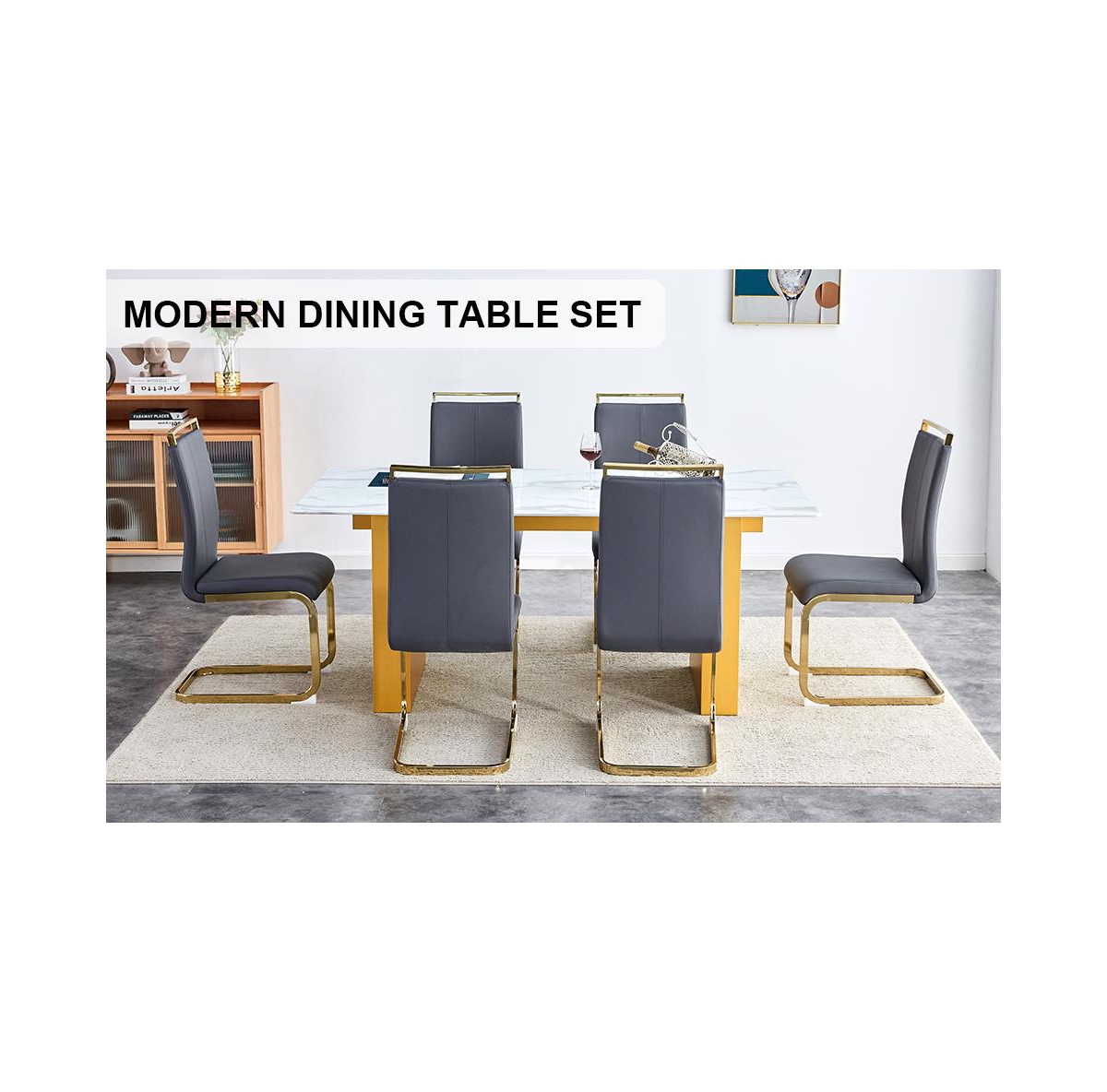 Simplie Fun Table and chair set.Large modern rectangular table with 0.4 inch patterned glass tabletop and large Mdf table legs.Comes with 6 chairs wit