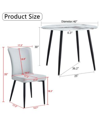 Table and chair set. Large modern white imitation marble patterned round table with black metal legs. Nice minimalism, comfortable seats and black metal legs.