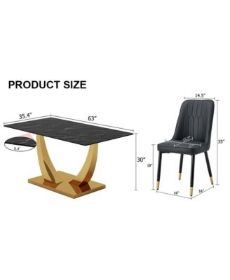 Table and chair set.Modern rectangular dining table with black textured stickers glass tabletop and gold plated metal legs.Paired with 4 comfortable chairs with PU seats and black metal legs.