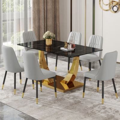 Table and chair set.Modern rectangular dining table with black textured stickers glass tabletop and gold plated metal legs.Paired with 6 comfortable chairs with PU seats and black metal legs.