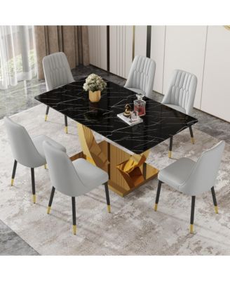 Table and chair set.Modern rectangular dining table with black textured stickers glass tabletop and gold plated metal legs.Paired with 6 comfortable chairs with PU seats and black metal legs.