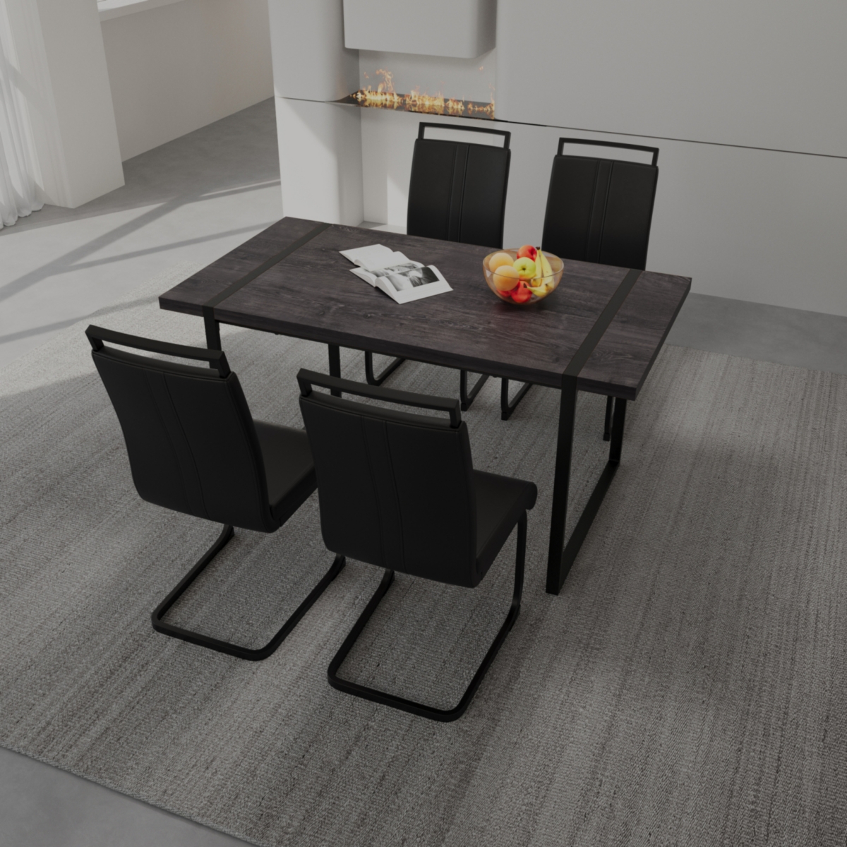 Streamdale Furniture 59" Rural Industrial Rectangular Mdf Black Dining Table Set and Pu Armless Dining Chair Set, 4 pieces. Kitchen Black Metal Table