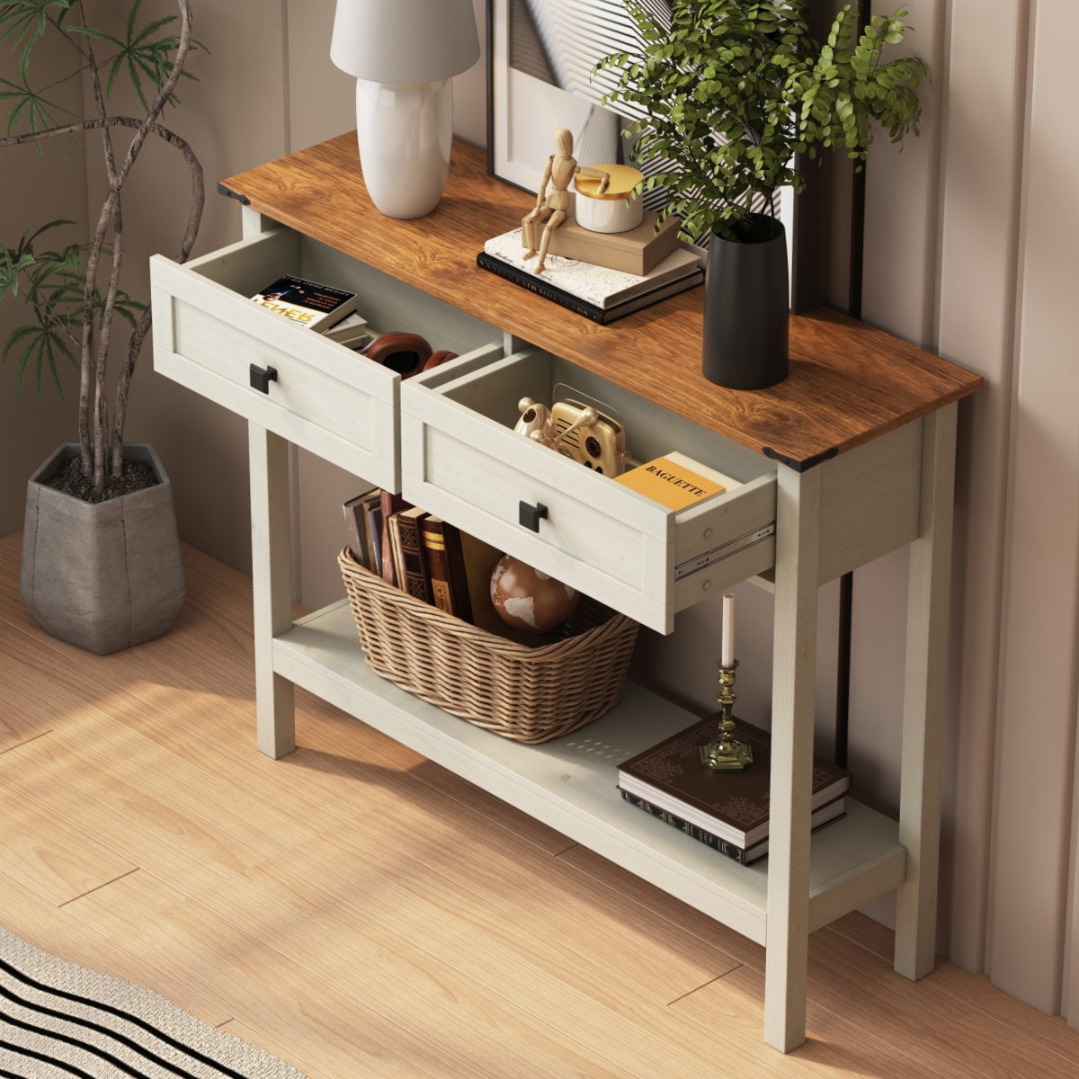 Streamdale Furniture Farmhouse Style Console Table with 2 Drawer and Bottom Storage Shelf for Entryway, Rustic Side Table with Storage Drawer and Shel