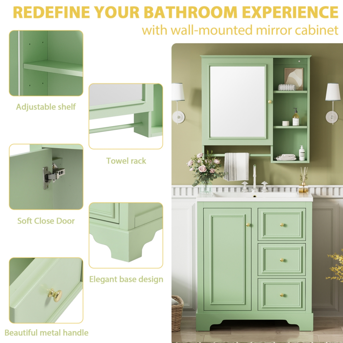 30-inch bathroom vanity with sink, modern elegant bathroom storage cabinet with 3 drawers and adjustable shelves, freestanding vanity set with mirror