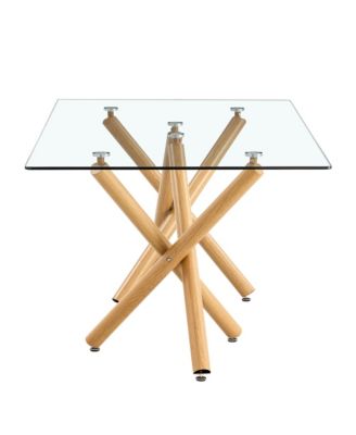 Simplie Fun Large Modern Minimalist Rectangular Glass Dining Table for 6-8 with 0.39" Tempered Glass Tabletop and Wood Color Metal Legs, for Kitchen Dining Living Meeting Room Banquet hall