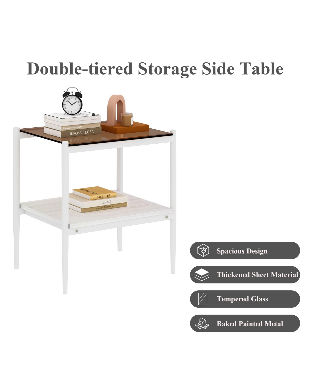 Streamdale Furniture Set of 2 Rectangle End Table, Tempered Glass Tabletop with Mdf layer, Modern Table for Living Room,Glass - Brown