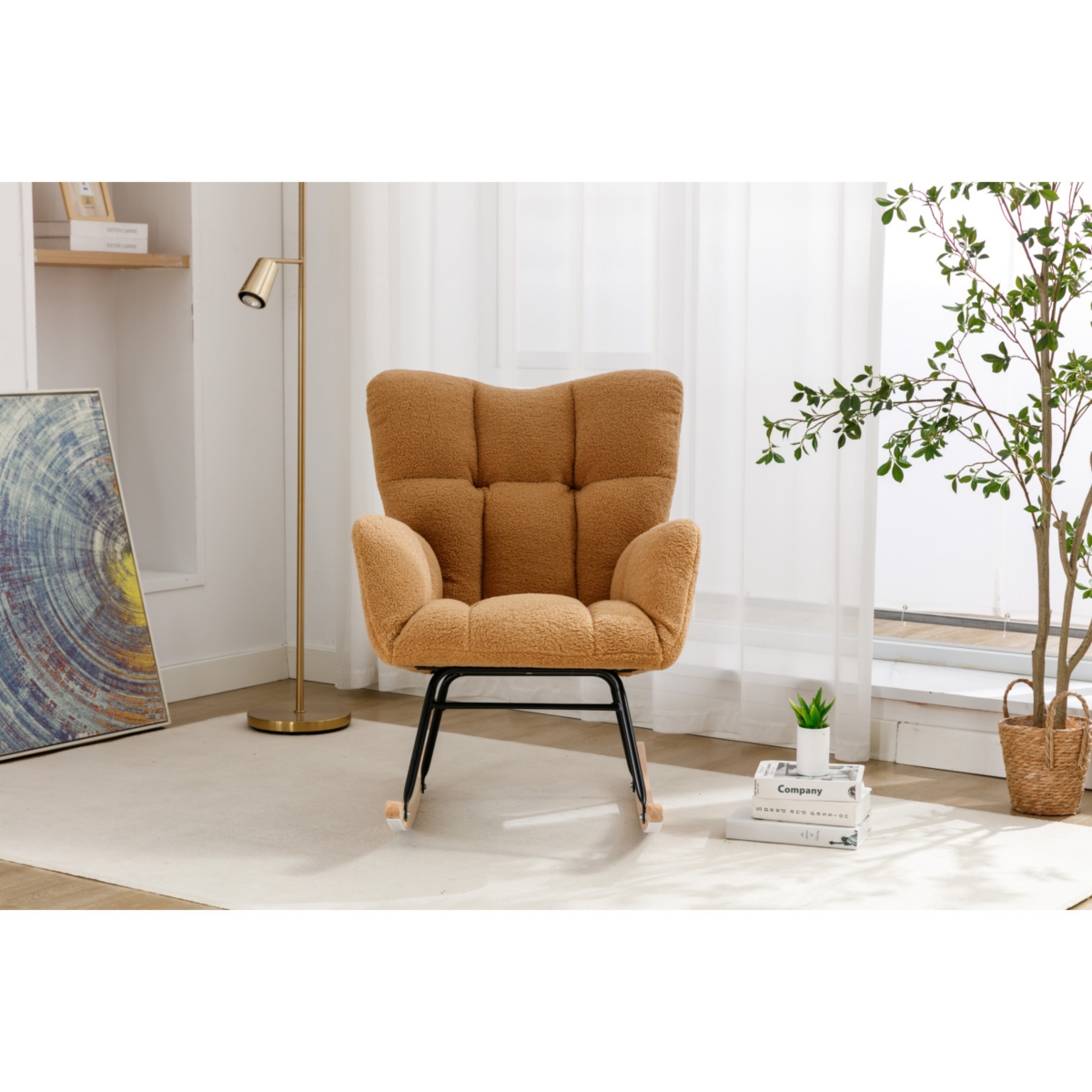 Simplie Fun Teddy Fabric Rocking Gilder Nursery Chair For Living Room Indoor, Khaki