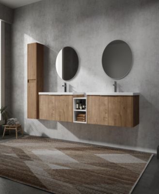 2-Pc Plywood 84" Wall-Mounted Bathroom Vanity with Resin Sink, Soft-Close Doors & Side Cabinet