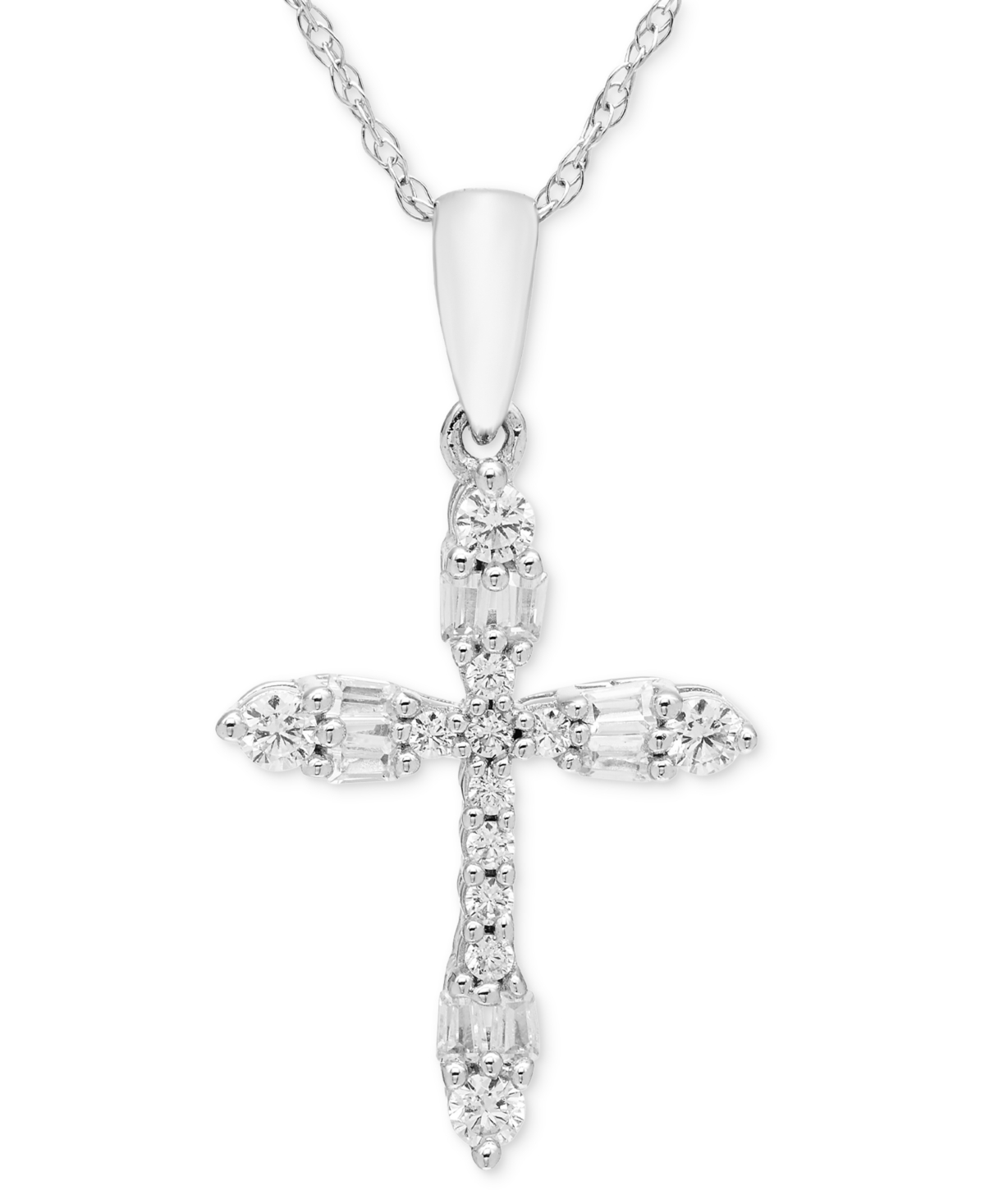 MACY'S DIAMOND ROUND & BAGUETTE CROSS 18" PENDANT NECKLACE (1/4 CT. T.W.) IN 14K WHITE GOLD 