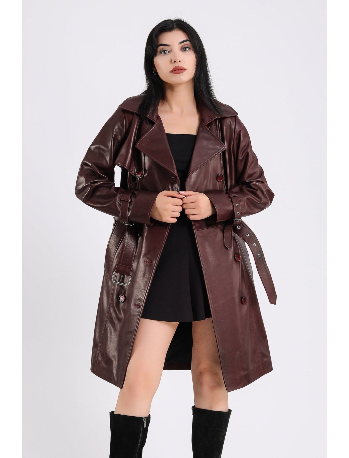 Женское пальто Furniq UK Leather Trench Coat, Burgundy, Created for Macy s — фото 1
