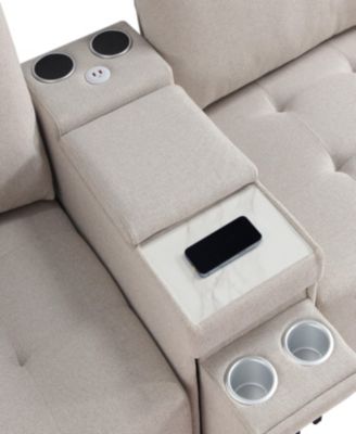 Modular Sectional Sofa, Multifunctional Couches for Living Room with Storage, mid console with speaker and storage,2 USB port and 1 type-C, wireless charging ceramic top, aluminum cup holder.