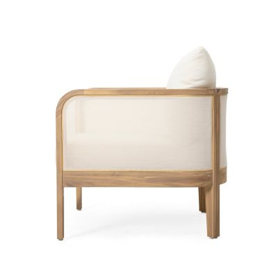 Outdoor Acacia Wood Patio Club Chair, Textilene Patio Furniture, Waterproof Thick Cushion Deep Seating for Porch, Garden, Backyard, Balcony, Weight Capacity 400lbs, Light Teak Finish, Beige