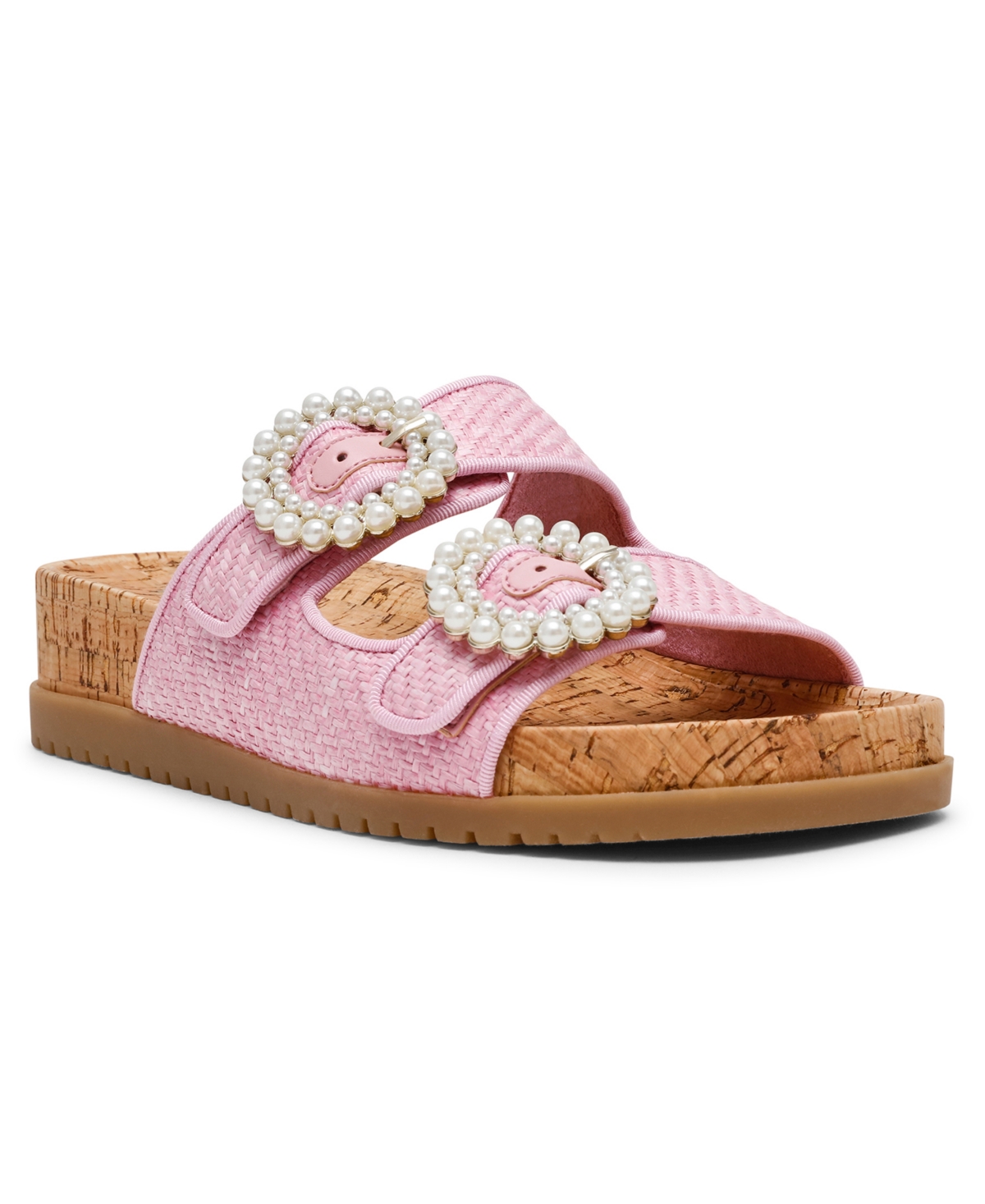 Anne Klein Women's Happy Double Band Embellished Buckle Footbed Sandals In Pink Raffia