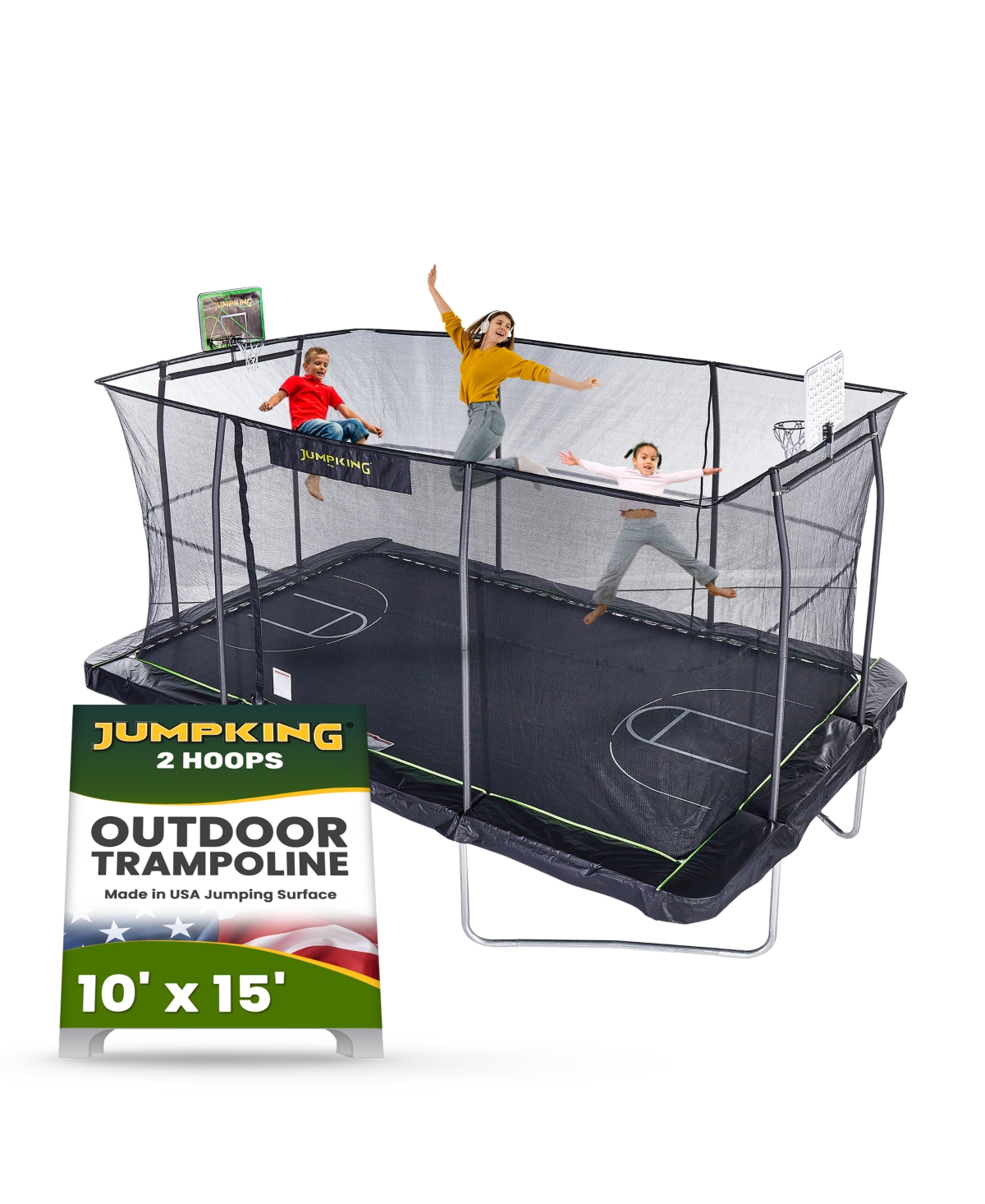 Jumpking Kids' 10' X 15' Rectangle Trampoline With 2 Powder Coated Basketball Hoops In Black,lime Green