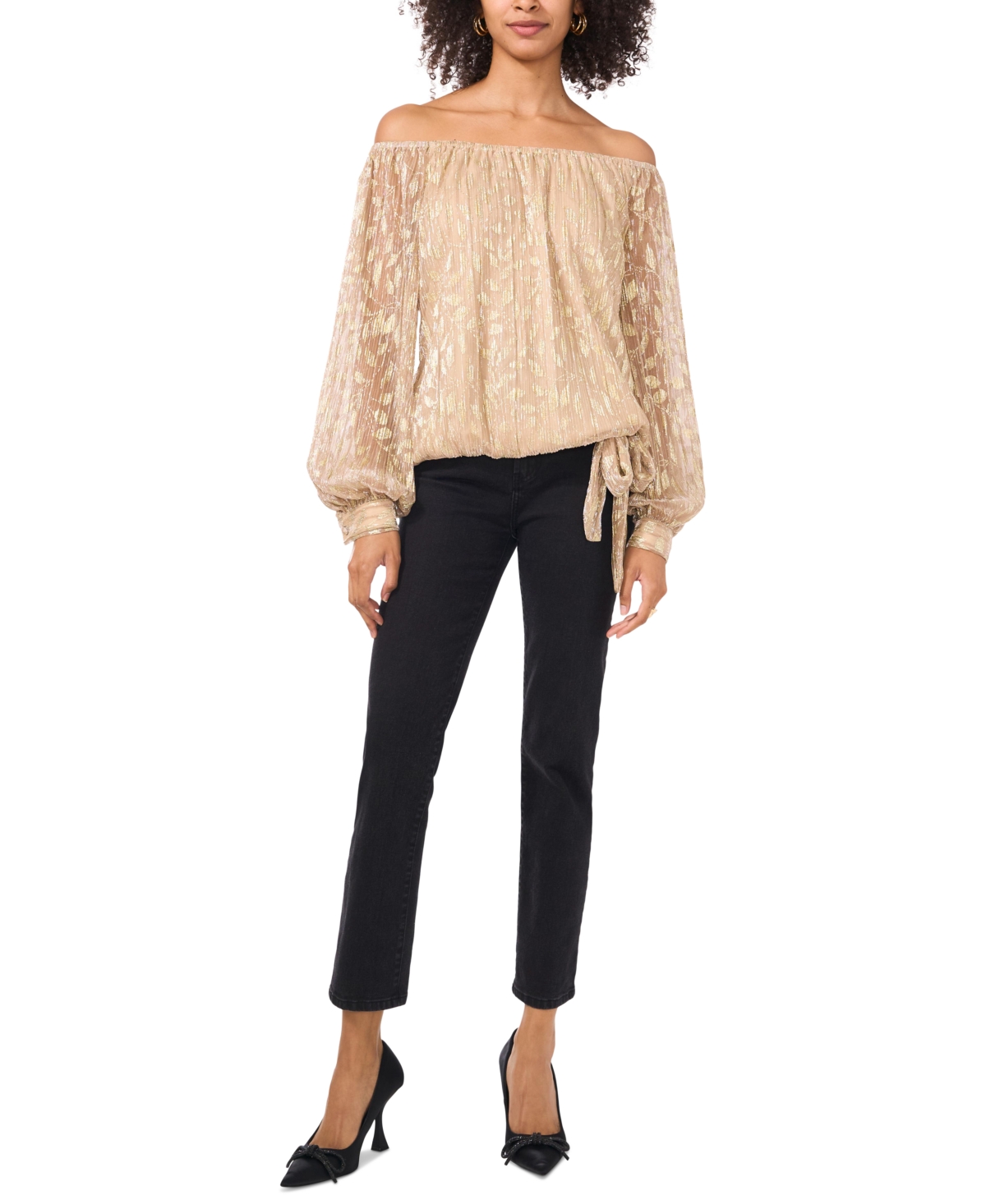 Vince Camuto Women's Metallic-Print Off-The-Shoulder Tie-Hem Top