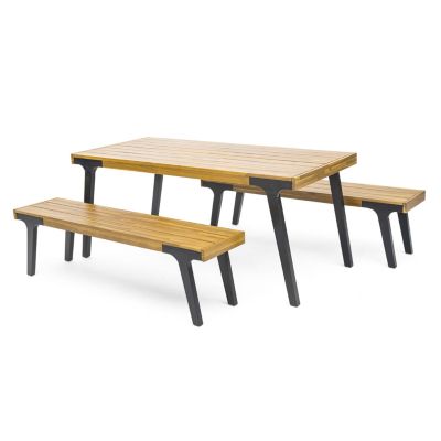  Acacia Outdoor Dining Set Table + 2 Benches