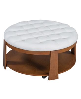 Modern Large Round Ottoman Coffee Table 2-Tier Oversized Button Tufted Ottoman with Wood Shelf Storage Upholstered Coffee Table for Living Room Footrest Ottoman with wheel, waterproof Linen