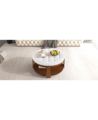 Modern Large Round Ottoman Coffee Table 2-Tier Oversized Button Tufted Ottoman with Wood Shelf Storage Upholstered Coffee Table for Living Room Footrest Ottoman with wheel, waterproof Linen