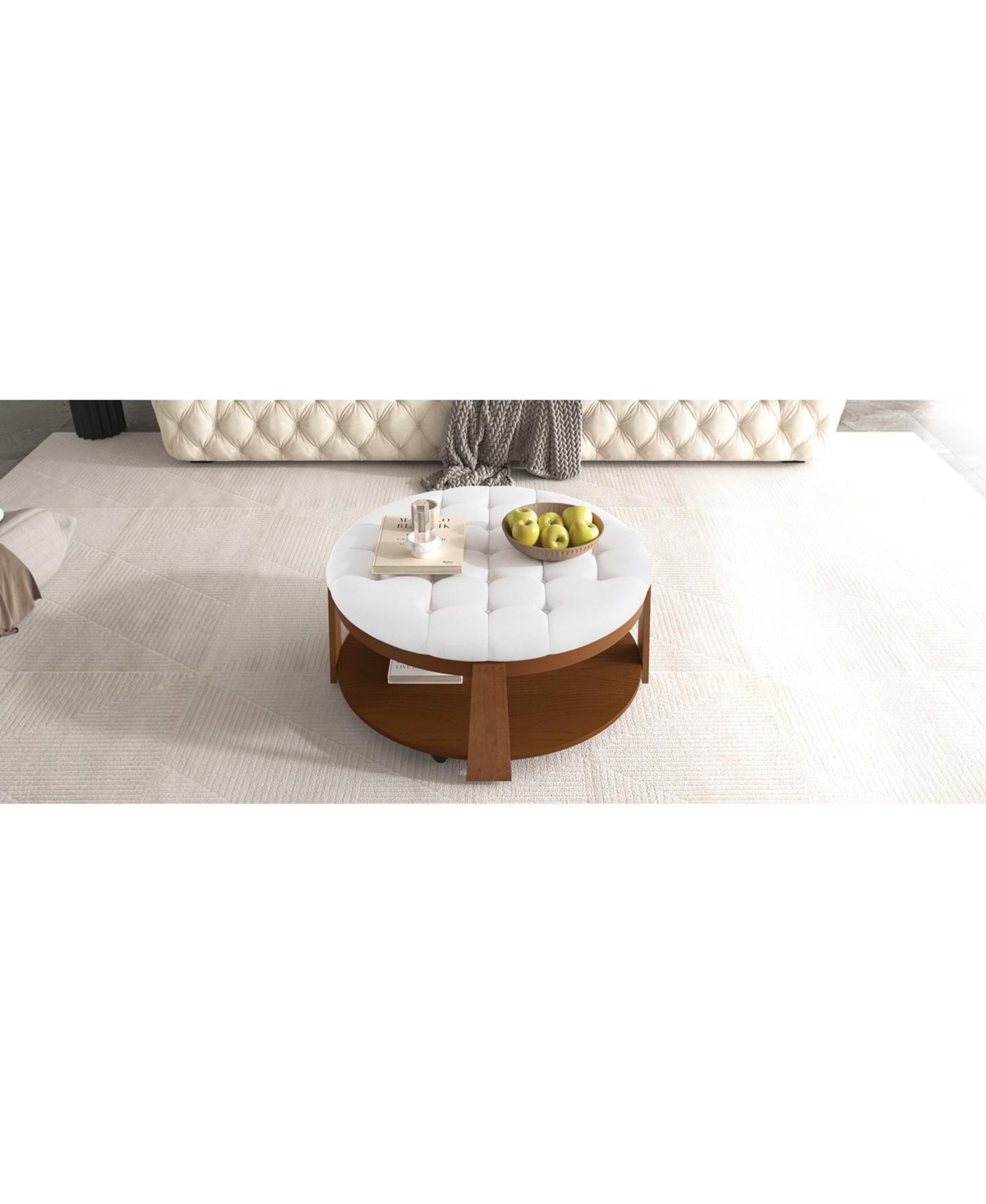 Streamdale Furniture Modern Large Round Ottoman Coffee Table 2-Tier Oversized Button Tufted Ottoman with Wood Shelf Storage Upholstered Coffee Table f