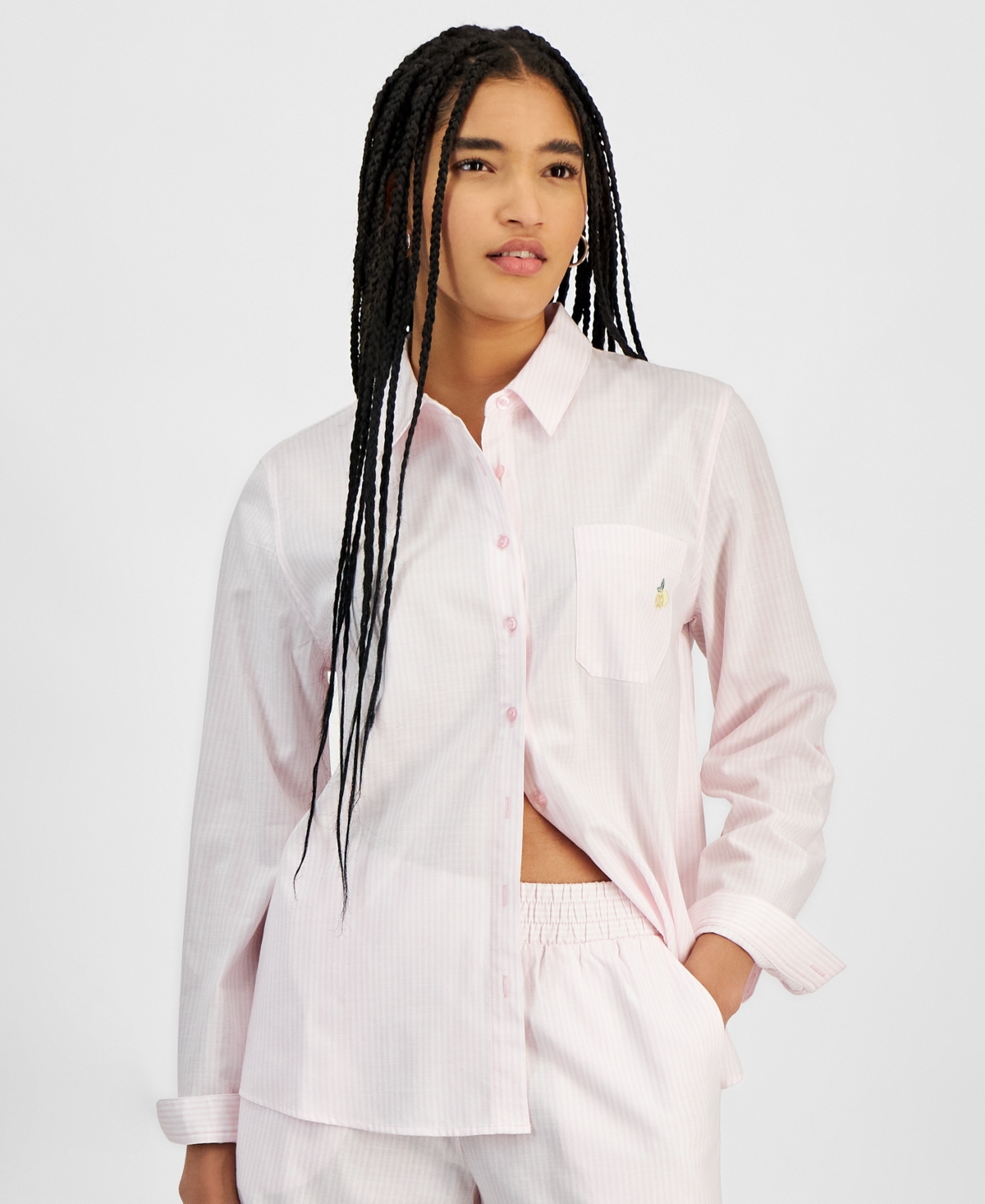 Juniors' Button-Front Long Sleeve Striped Shirt - Sand Stripe
