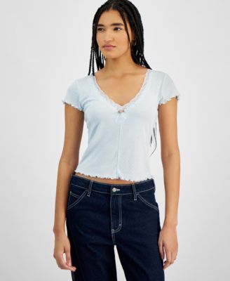 Hippie Rose - Juniors' V-Neck Lace Rosette Short-Sleeve Top
