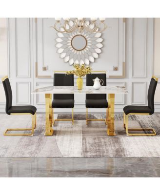 Table and chair set, rock plate table top, gold metal table legs, stable and beautiful, suitable for most home styles. Modern simple dining table, comfortable seating.