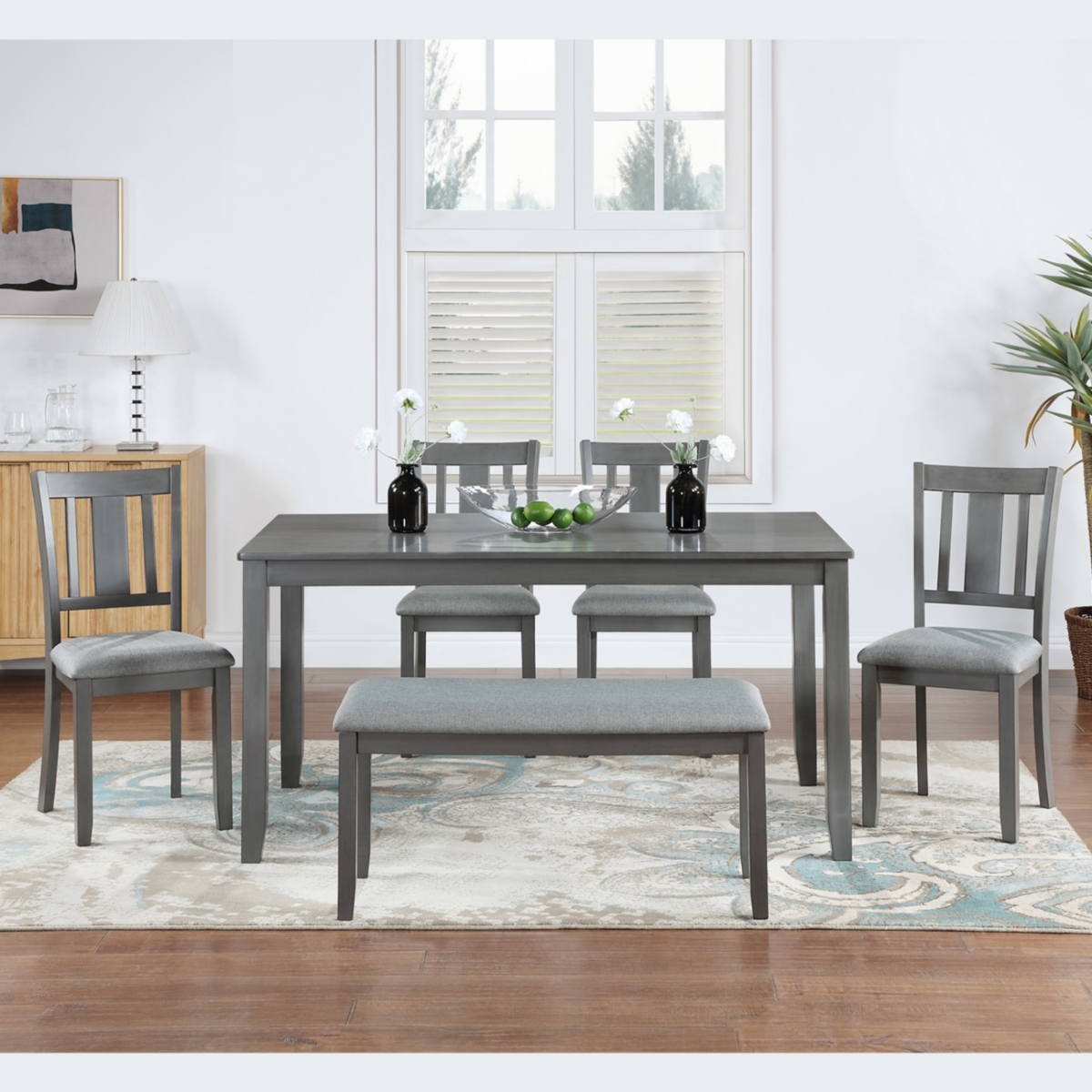 Streamdale Furniture 6 Piece Kitchen Dining Set, Rectangular Wooden Dining Table with 4 Upholstered Chairs and a Bench, Dining Table Set for 6 People,