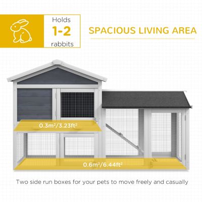 58" Rabbit Hutch, Wooden Bunny Hutch, Guinea Pig Cage, Small Animal Enclosure with Run Area, Removable Tray, Asphalt Roof, Lockable Doors and Ramp, Gray