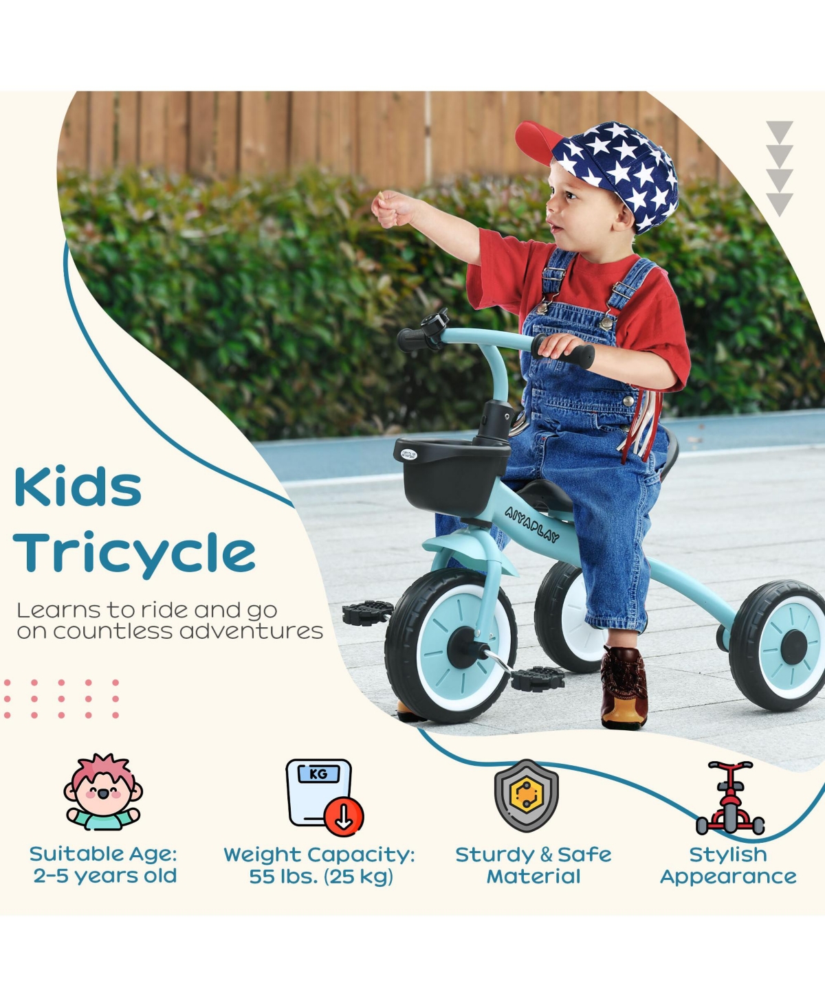 Streamdale Furniture Kids Tricycle for Toddlers Age 2-5 with Adjustable Seat, Toddler Bike for Children with Basket, Bell, Handlebar Grips,- Blu