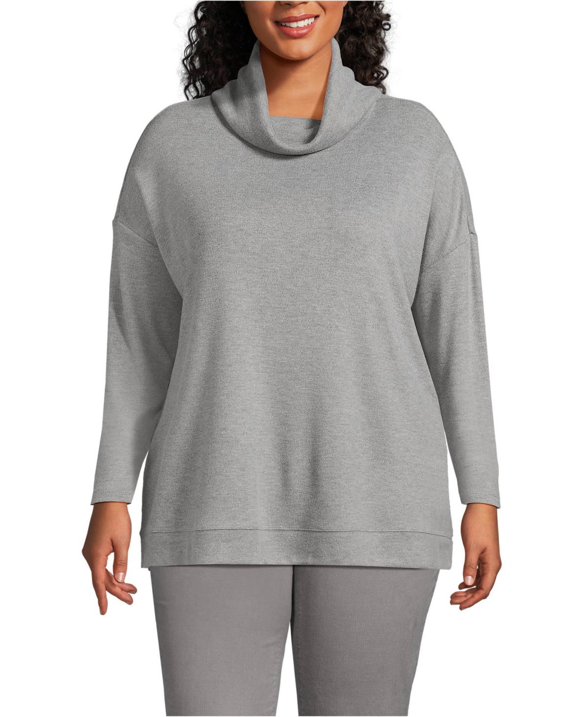 Plus Size Long Sleeve Cozy Knit Cowl Neck Tunic - Gray heather