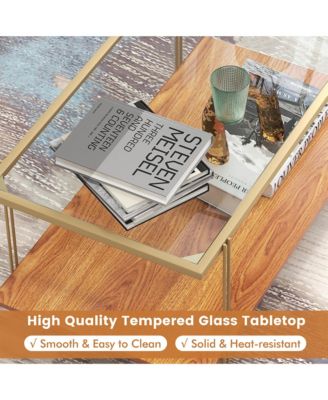 Coffee Table Rectangle Glass Top w/ Storage Shelf & Gold Steel Frame Living Room
