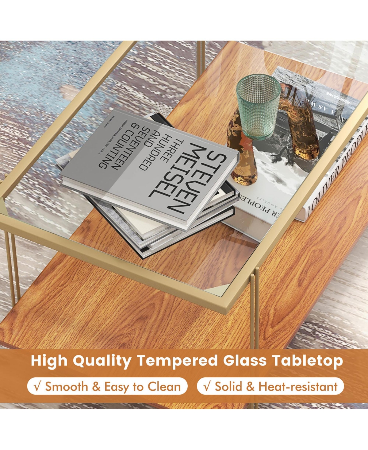 Gymax Coffee Table Rectangle Glass Top w/ Storage Shelf & Gold Steel Frame Living Room - Brown+gold