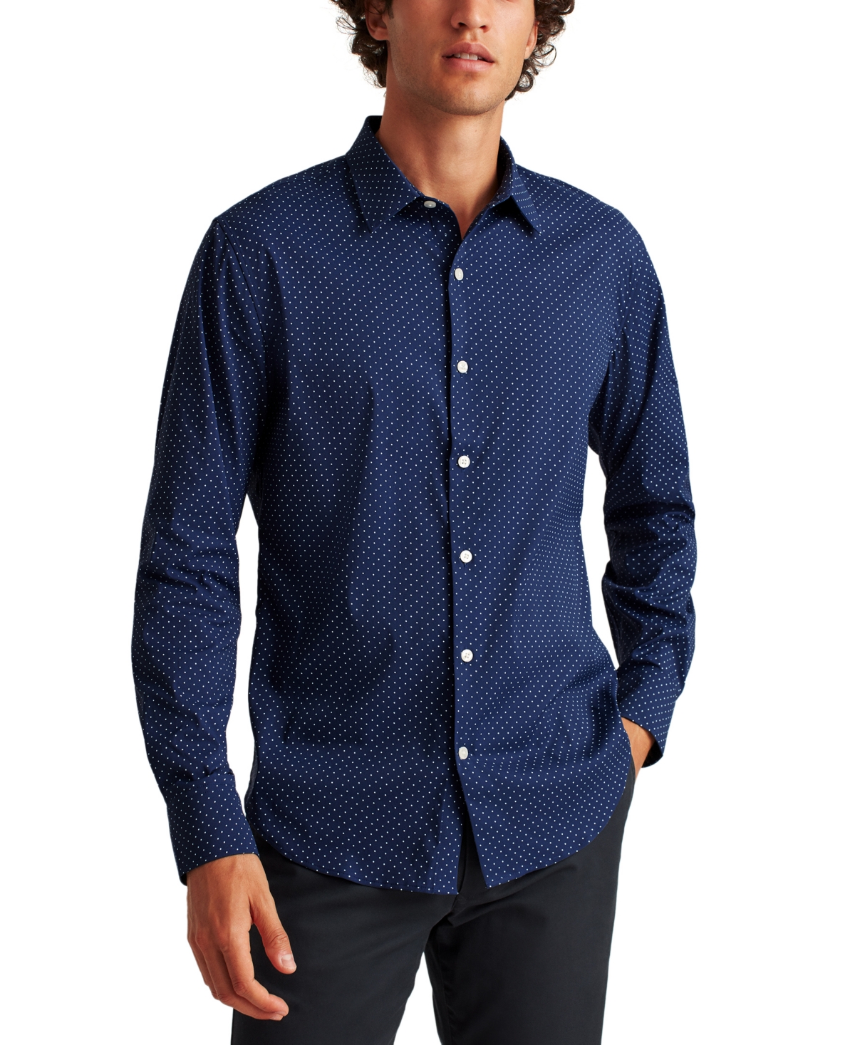 Men's Slim Fit Long Sleeve Dot Print Button-Front Tech Shirt - Deep Blue Bay Dot