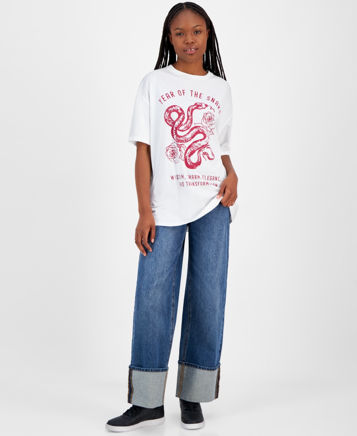 Grayson Threads, The Label Juniors' Rose & Snake Lunar New Year Graphic T-shirt In White