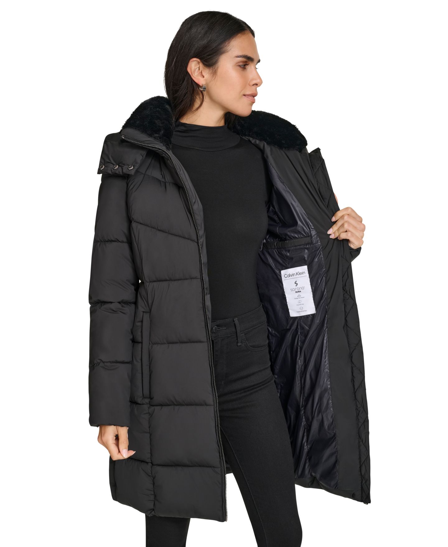 Женская куртка Calvin Klein Hooded Faux-Fur-Lined Midi Puffer, цвет: Чёрный — фото 5