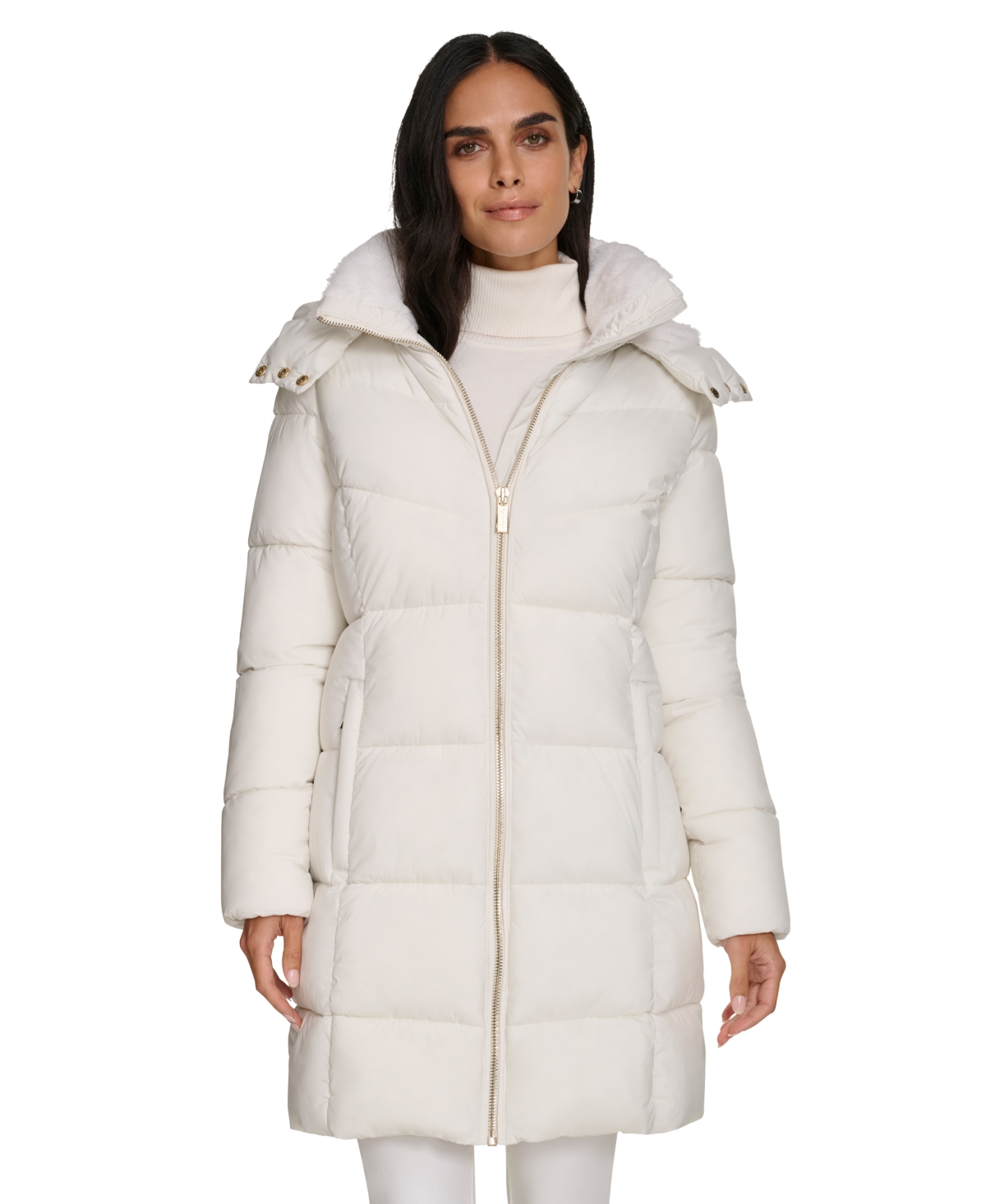 Calvin Klein Faux Shearling Lined Down Puffer Jacket In Eggshell