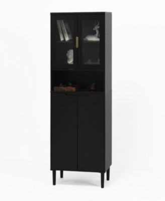 Tall Storage Show Cabinet with 2 Glass Display Door & 2 Doors, Tall Kitchen Pantry Cabinet with Gold Handles, Modern Cabinet Freestanding for Bathroom, Dining Living Room, Black