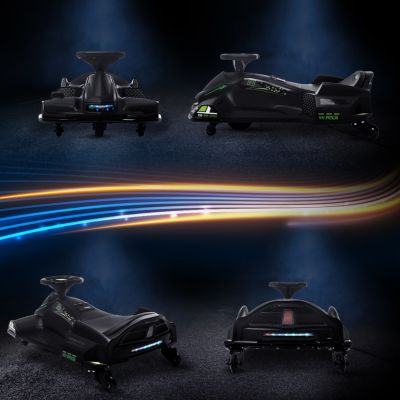 12V Electric Go Kart, 5 MPH Drifting Car, Battery Powered Ride on Toy Outdoor with Slow Start, Music, Colorful Lights, for 8-12 Years Old, Black